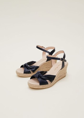 Phase Eight Leather Knot Front Espadrilles Heels Navy USA | 8531729-YH